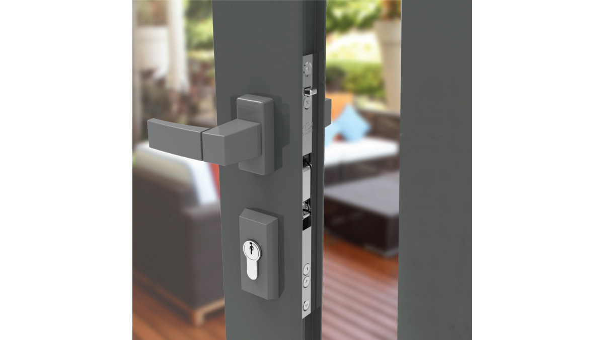 The Urbo handle shown swivels downwards when the door is slid closed.