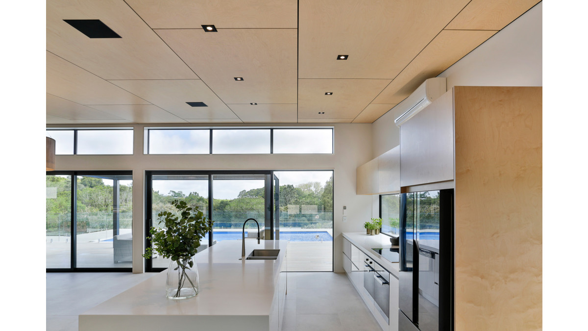 Plytech Birch Elite ceiling panels are a striking feature of this Pukekohe home. 