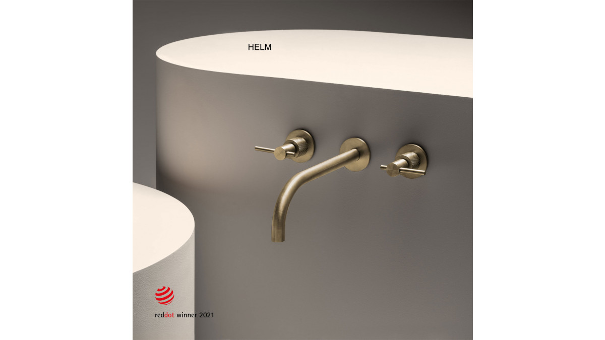 Helm wall-mounted mixer in Brushed British gold finish with lever handles and diagonal weave knurling.