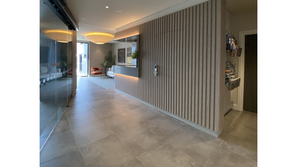 West Fitzroy Apartments: Tavola Beige decor and planks, Patrone Ash & Graphite flooring.