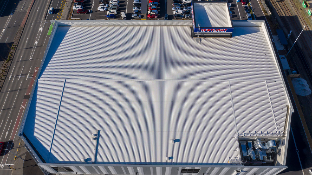Spotlight retail store in Christchurch features Kingspan’s KS1000RW Trapezoidal Roof Panel.