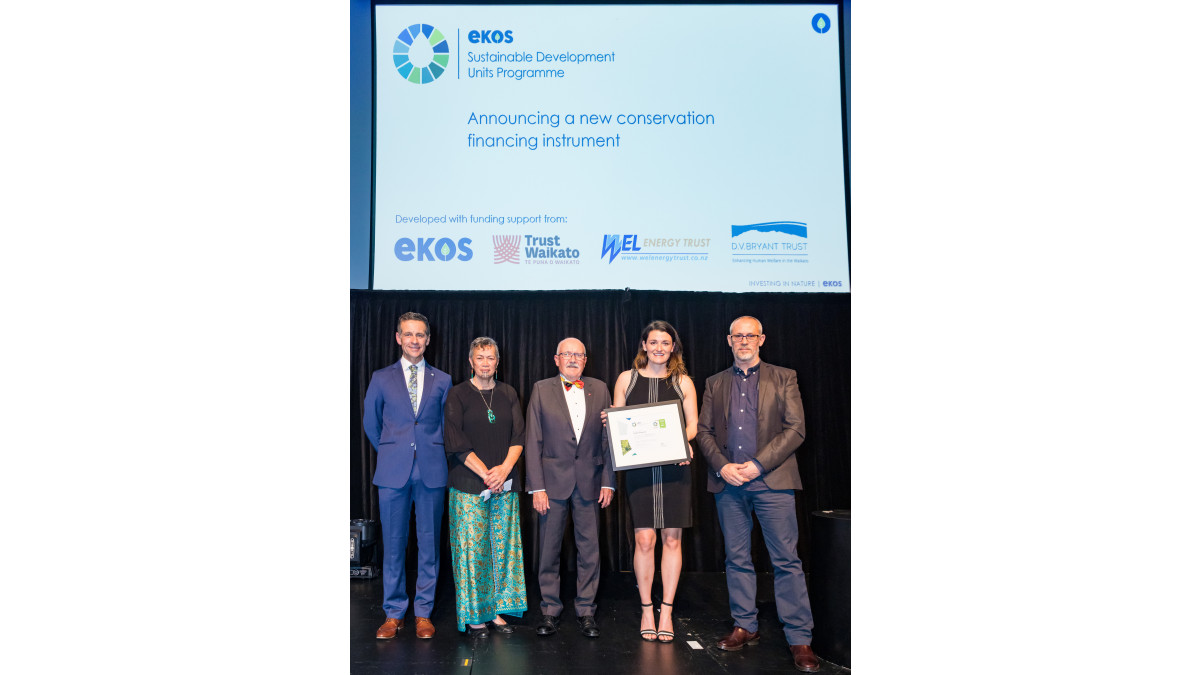 At the recent initiative launch: L-R Sanctuary Mountain Maungatautari CEO Phil Lyons and Co-Chairs Poto Davies and Don Scarlet, Profile Group Executive Director of Organisational Development and Sustainability Mikayla Plaw and Ekos founder and CEO Dr Sean Weaver.