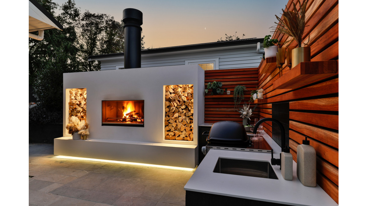 Alexander Place by Love Kitchens featuring the Escea EK1250 Outdoor Fireplace Kitchen.