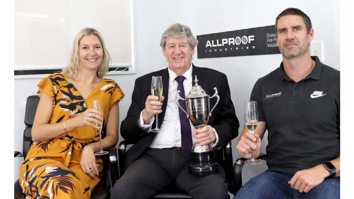 Ian with son Adam and daughter Jacinta celebrating the inaugural Jackson Woman in Plumbing Trophy, established in honour of Ian’s wife Maureen.