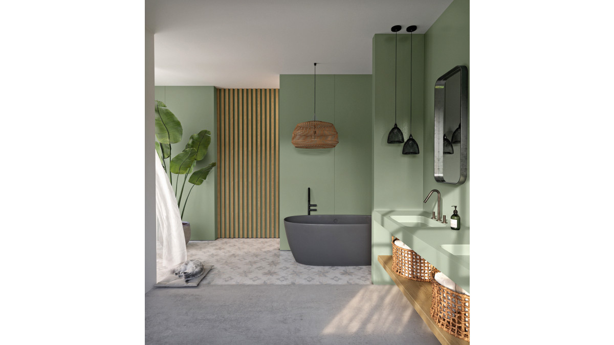 Bathroom featuring Silestone, Posidonia Green (Sunlit Days collection).