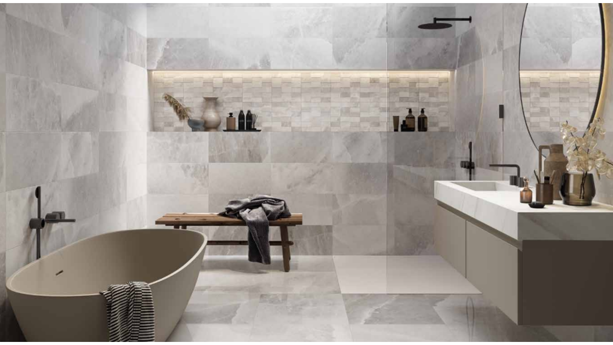 Himalaya Light Grey and 3D Mosaic. Stocked in 597 x 597mm.