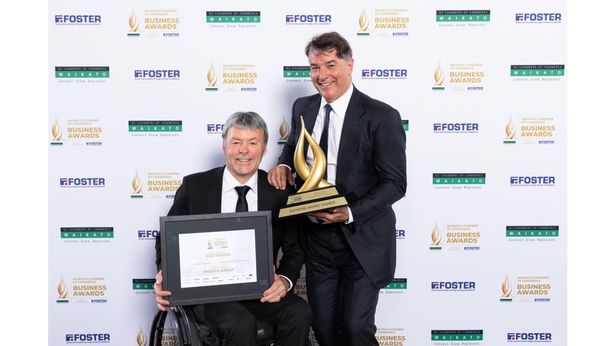 Profile Group CEO, Craig Vincent, and Managing Director, Mitch Plaw, with the 2022 Supreme Award.