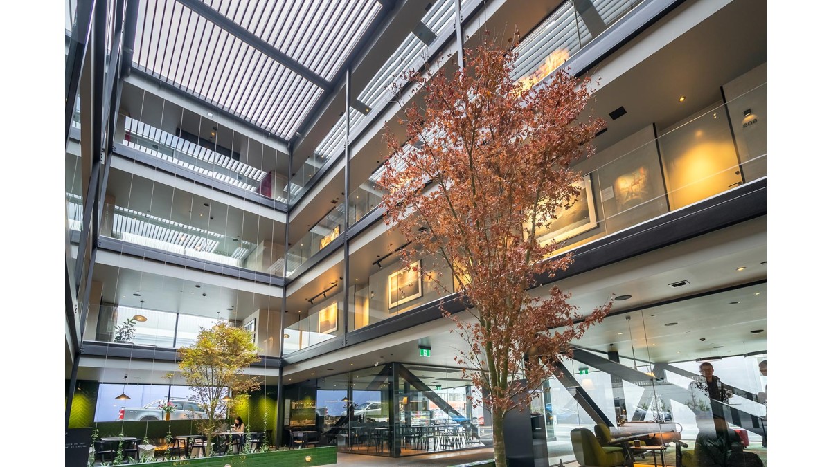 The central atrium with metal louvre roof.