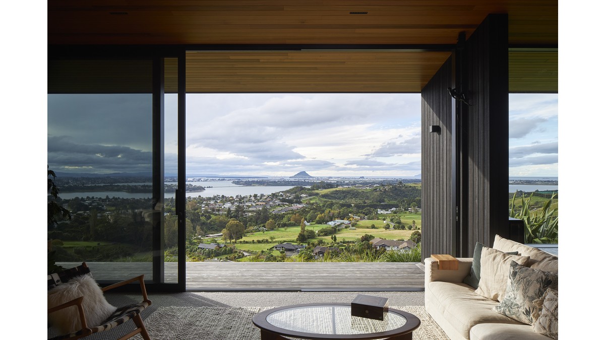 Mauao Mount Maunganui captured through sliding doors from Altherm’s APL Architectural Series.