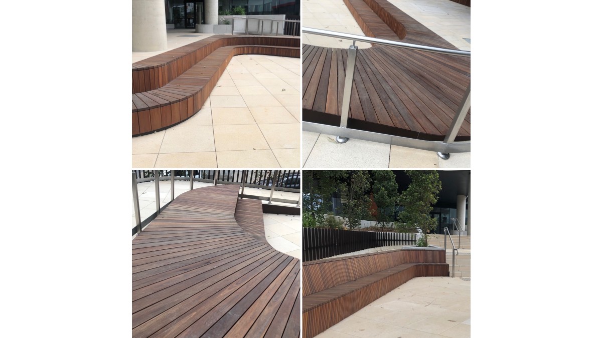 Array Commercial Space<br />
Deck Surfaces: Hardwood (Benchseats) and Independent Pavers<br />
Deck Frame: QwickBuild Aluminium System for Hardwood (curved profiles) + QwickBuild for Tiles<br />
Deck Design: Outdure DeckPlanner Software<br />
Credits: North South Carpentry