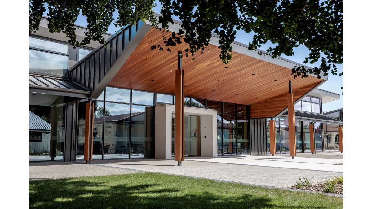 The main entrance to the New Zealand Wine Centre with its Blackbutt eucalypt soffit and post cladding.