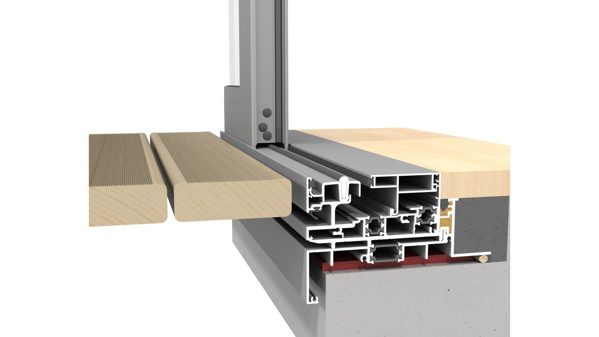 A single track sliding door with a flush threshold and sill tray underneath.