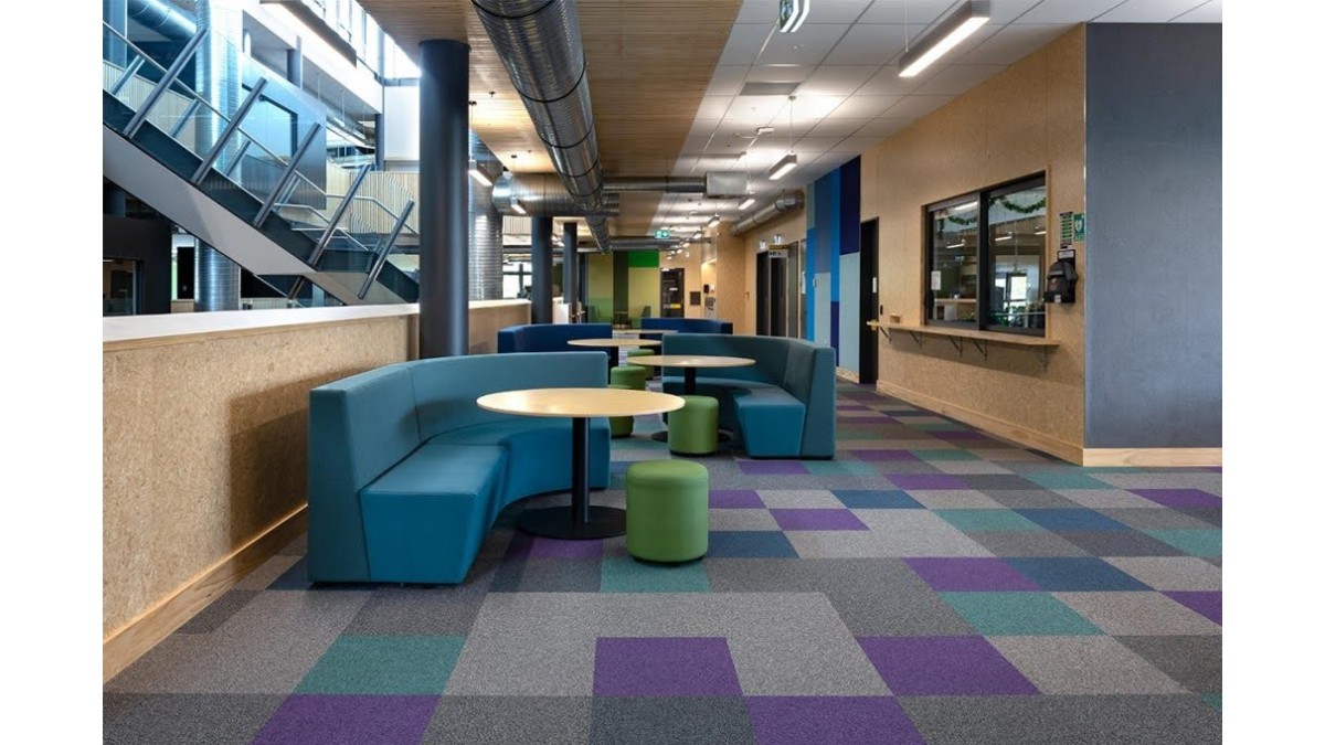 Millennium Nxtgen tiles, made with recycled, recyclable nylon, Western Springs College. By modulyss.