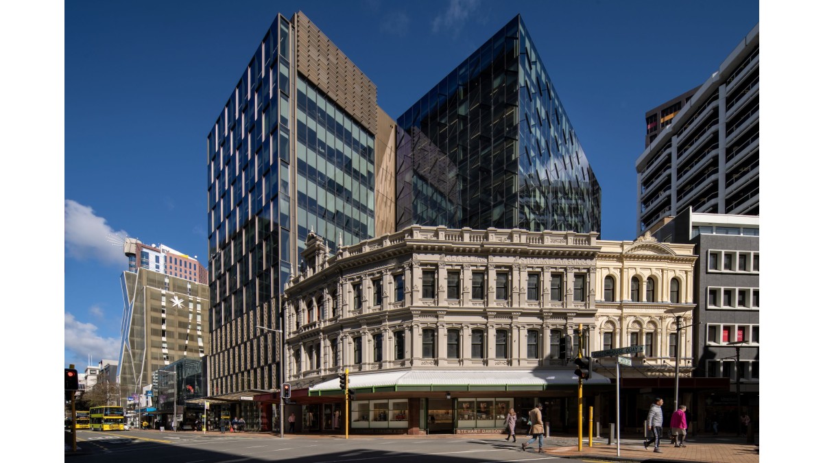 The development of two towers adjoining Stewart Dawson’s corner in Central Wellington (buildings left and centre) featured APL’s thermally broken Structural Glaze curtain wall.