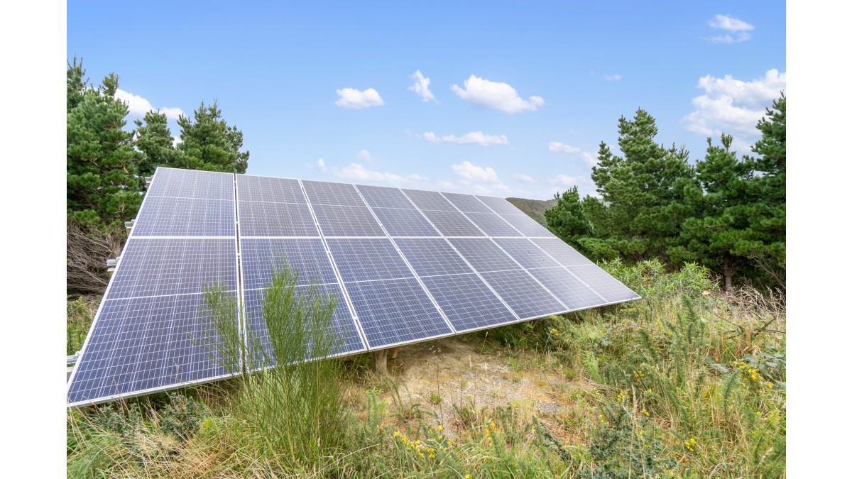 Solar energy panels supply the home’s electricity requirements.