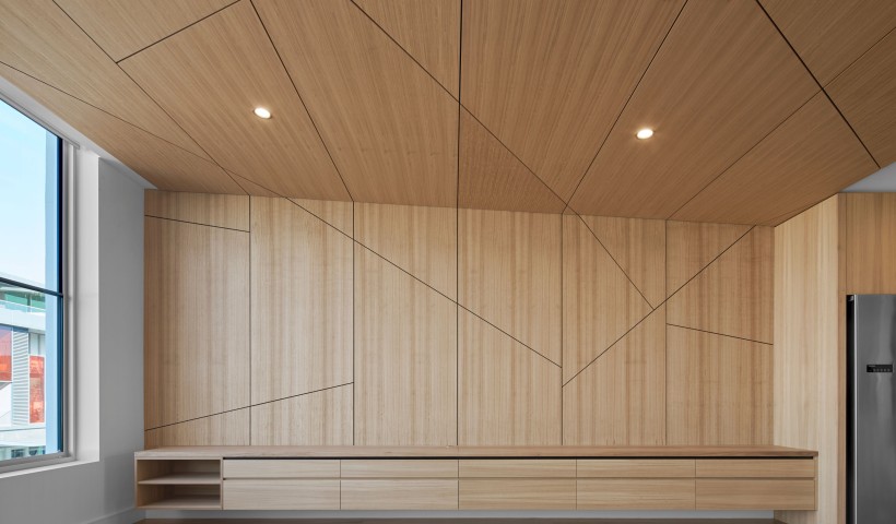 Geometric Floor to Ceiling Timber Panel Wall Achieved with Fastmount