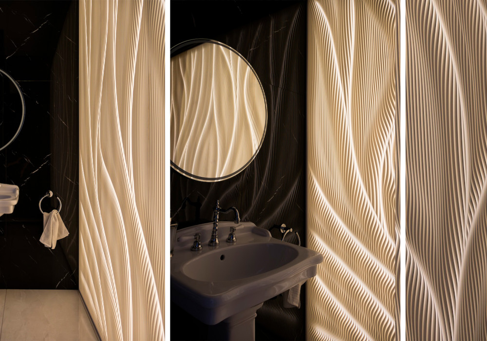 Unique Bathroom Features Captivating Interplay of Light and Texture