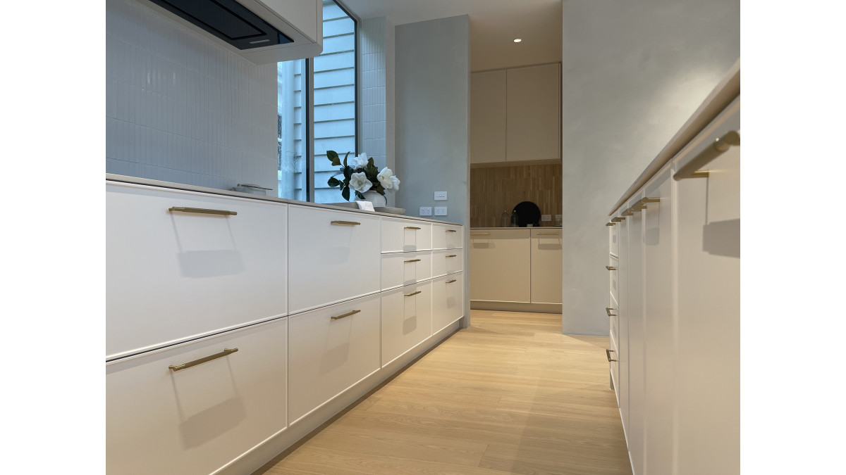 Brussels profile in Quarter Thorndon Cream thermoform vinyl. <br />
Mosman Interiors.