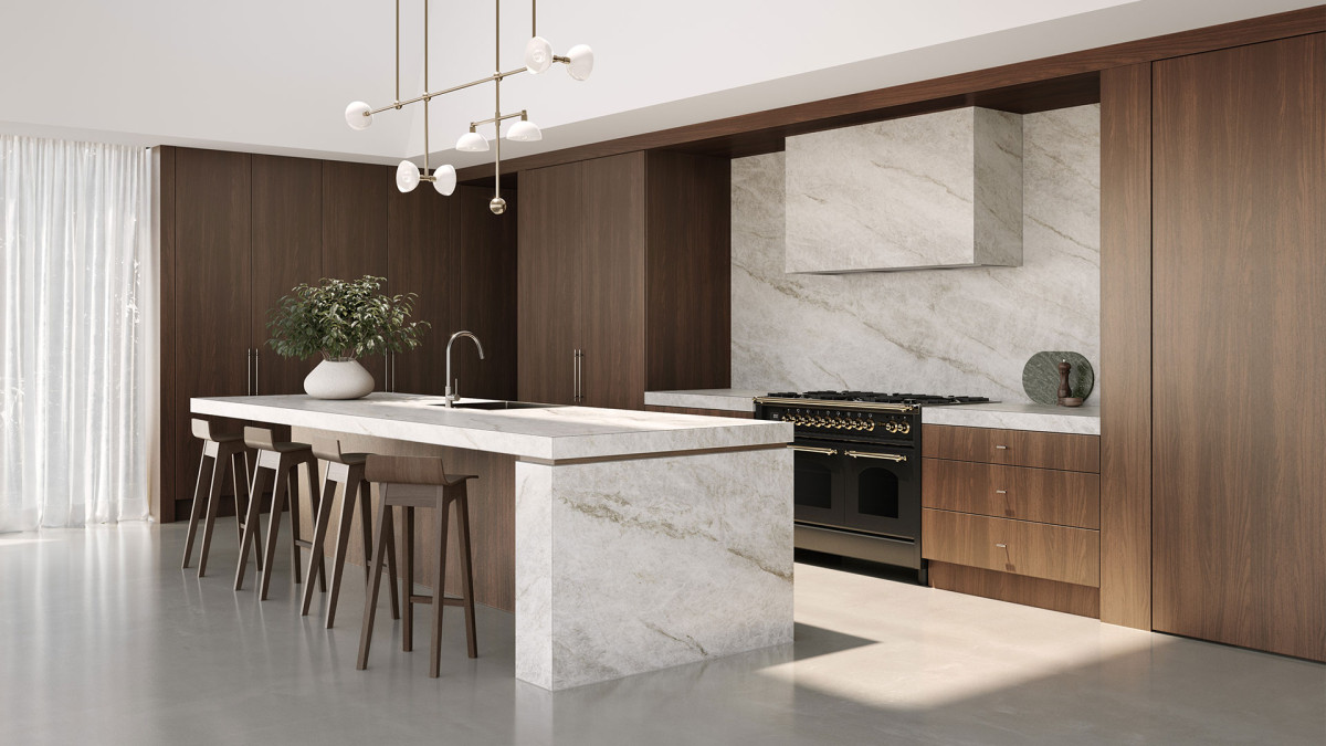 Laminex Formica Laminate Taj Marble and Melteca Vintage Walnut.