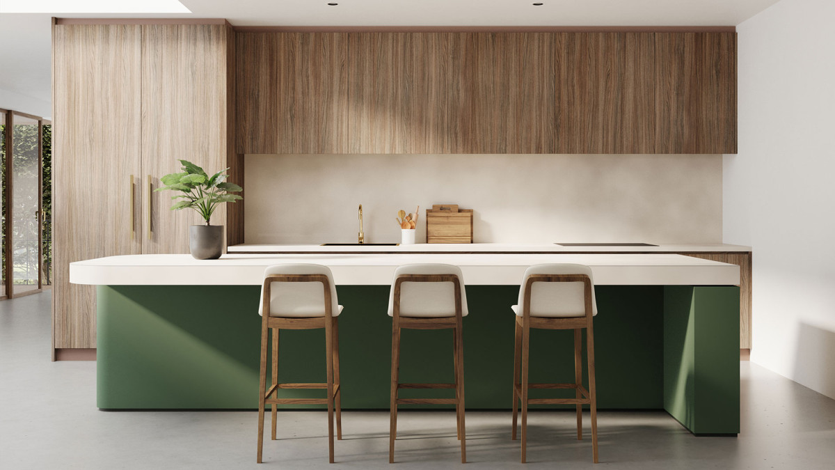 Laminex Formica Laminate Hushed Pine on Island Front and Batian on Benchtop with Melteca Danish Walnut Cabinetry.