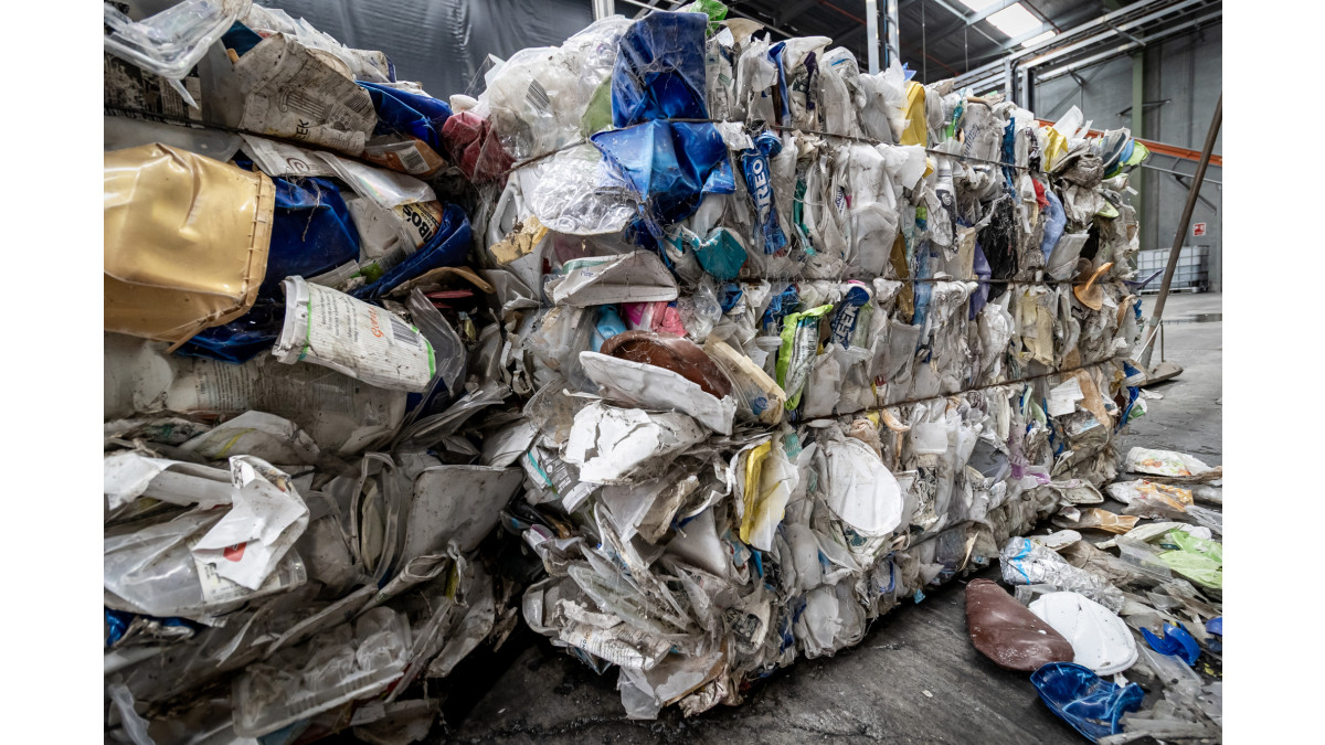 Bale of recycled plastic ready for processing.