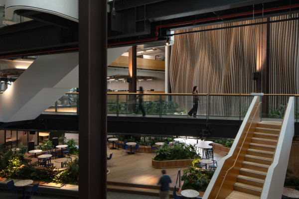 Bespoke Acoustic Feature Wall Reduces Reverberation in a Shared Office Atrium