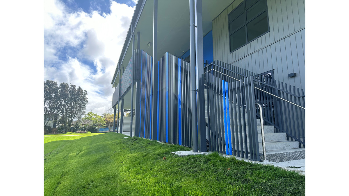 Rutherford School stairs featuring EVO Max Fin Balustrades by Spectrum. 