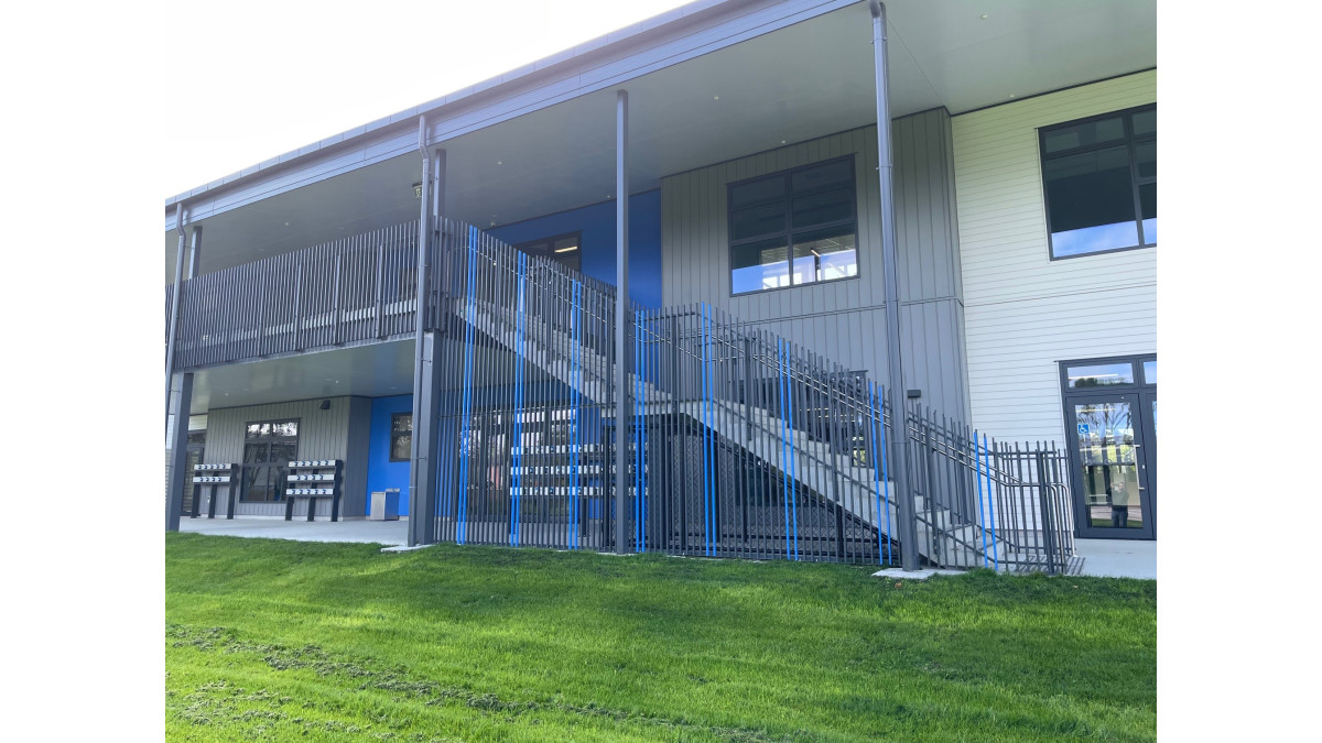 Rutherford School stairs featuring EVO Max Fin Balustrades by Spectrum. 