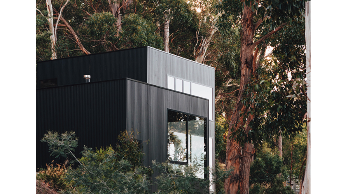 Consisting of two linked timber clad pavilions coated in Palm Beach Black. The property looks over the Derwent River and rooftops of central Hobart.<br />
Photograph: Emily Weaving