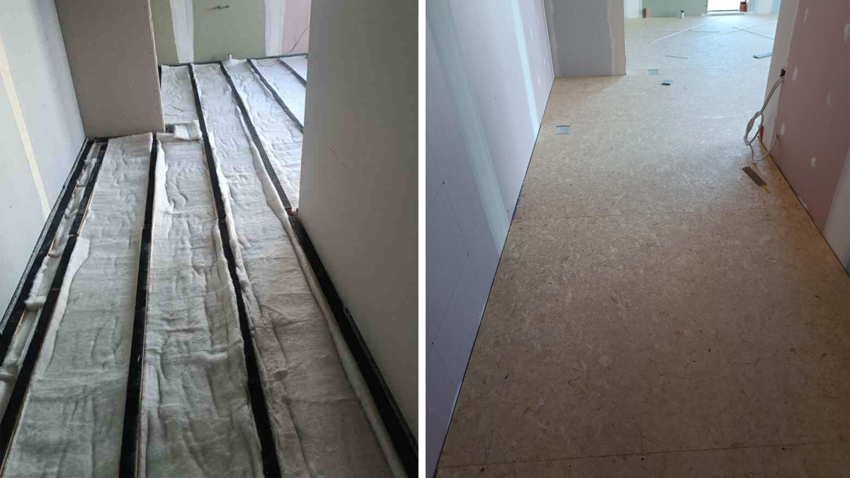 The Tranquillo system features pre-assembled acoustic battens, acoustic insulation installed between battens, and a top flooring layer.