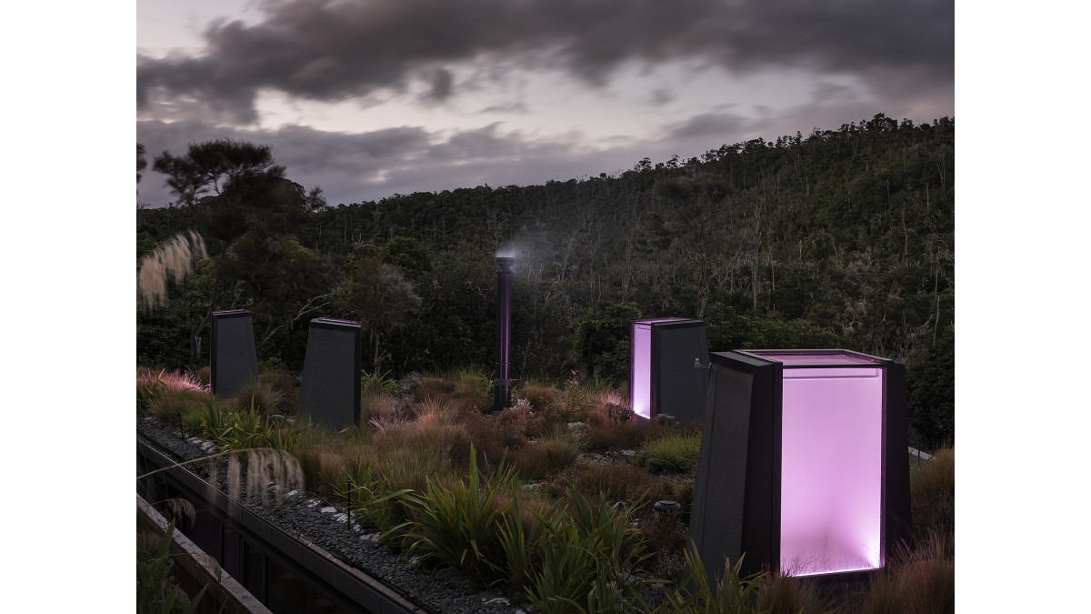 Purple 'light stalks' using AGP's Solux-E glass and purple LED lights.