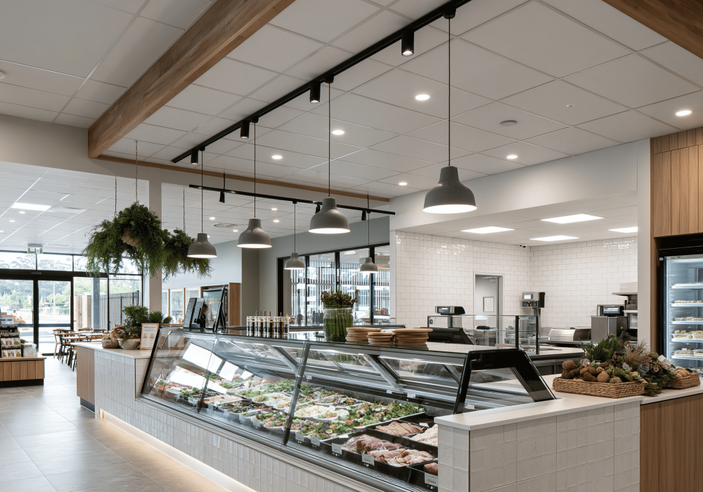 Fenta Ceiling Tiles Showcase Freshness in Supermarket Delicatessens 