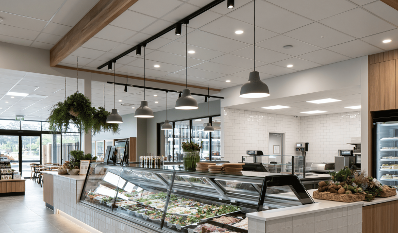 Fenta Ceiling Tiles Showcase Freshness in Supermarket Delicatessens 