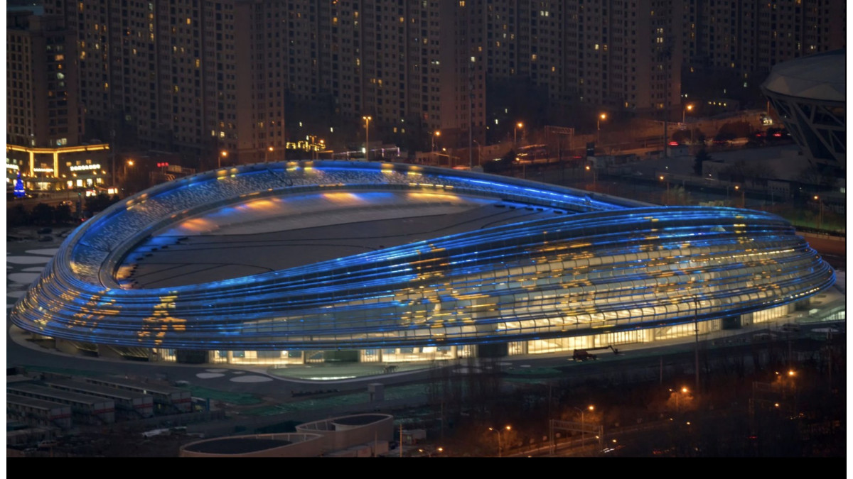 Project: Beijing National Speed Skating Oval (2021) - also known as the 'Ice Ribbon'<br />
Architect: Populous<br />
Featuring: Thermal strips + glazing warm edge spacer
