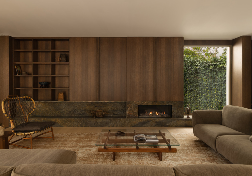Fireplace with Flexible Flue Ensures a Sleek, Built-in Look for an Architectural Home
