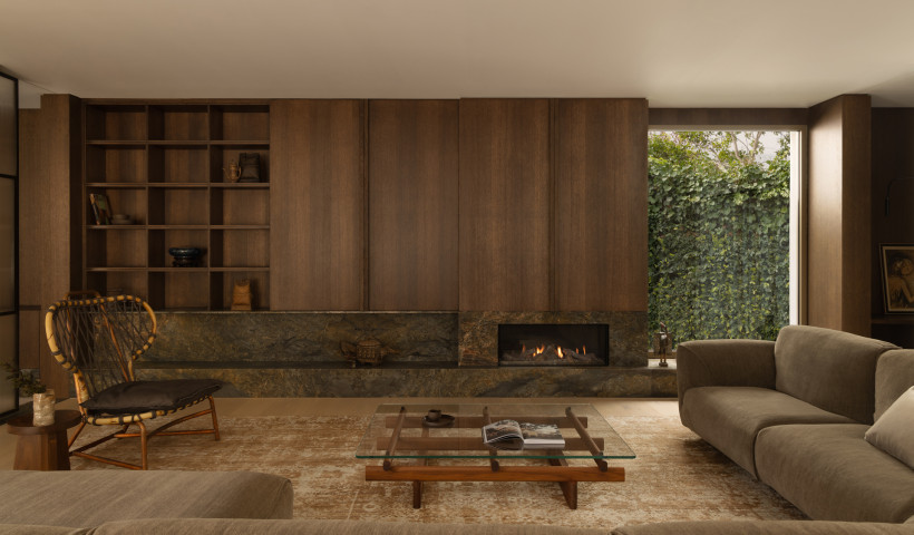 Fireplace with Flexible Flue Ensures a Sleek, Built-in Look for an Architectural Home