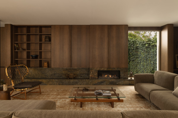 Fireplace with Flexible Flue Ensures a Sleek, Built-in Look for an Architectural Home