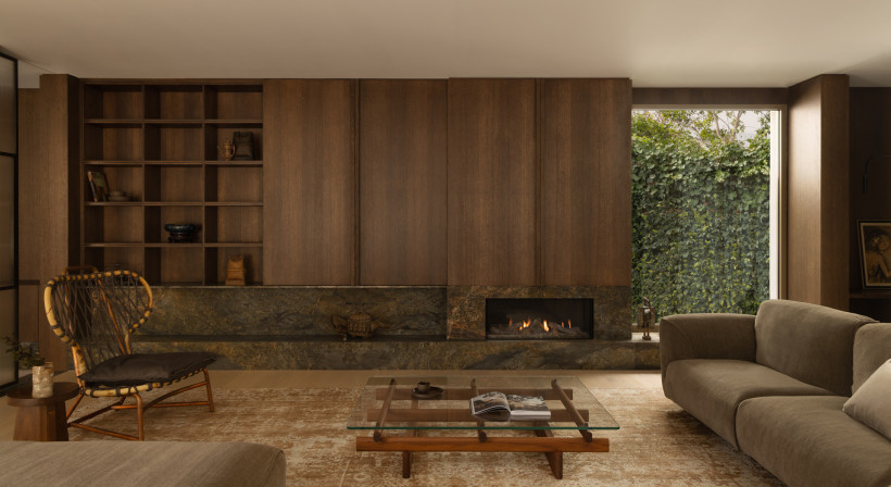 Fireplace with Flexible Flue Ensures a Sleek, Built-in Look for an Architectural Home